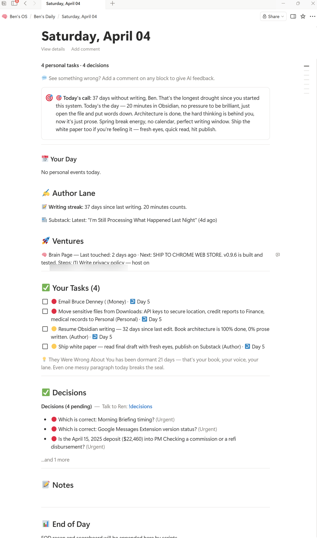 Daily game plan in Notion — tasks, decisions, ventures
